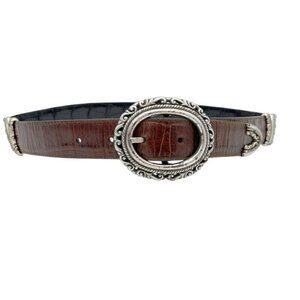 VTG Brighton 90s Brown Black Reversible Croc Embossed Leather Belt Silver Buckle